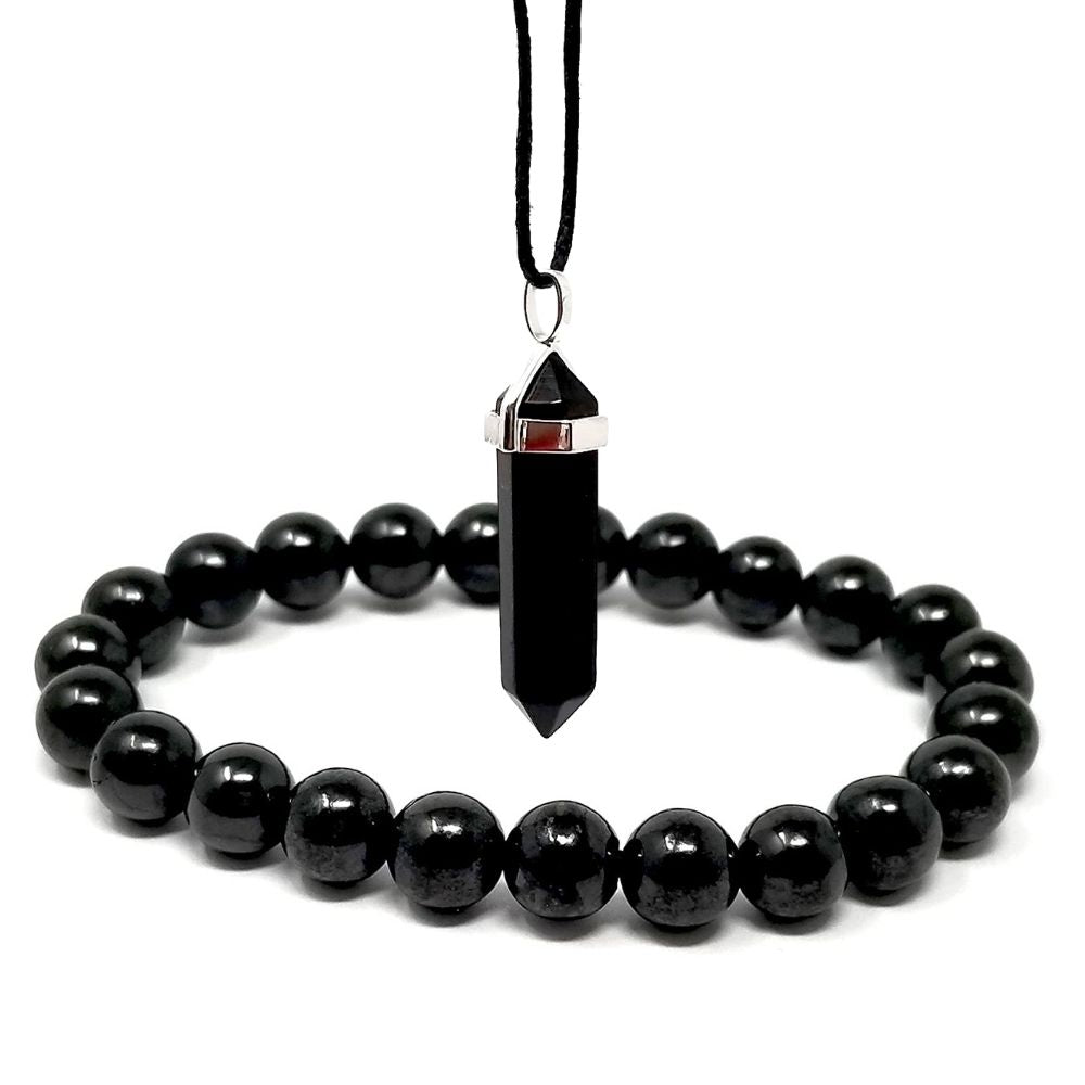 Shungite Necklace and Bracelet Gift Set - Double-Pointed Pendant Necklace and 8mm Bracelet