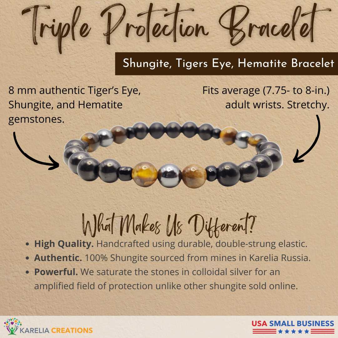 Triple Protection Bracelet - 8mm Shungite Hematite Tigers Eye