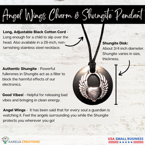 The Angel Wing Shungite Pendant Necklace is made with powerful authentic shungite, an adjustable black cotton cord, and an angel to protect you 