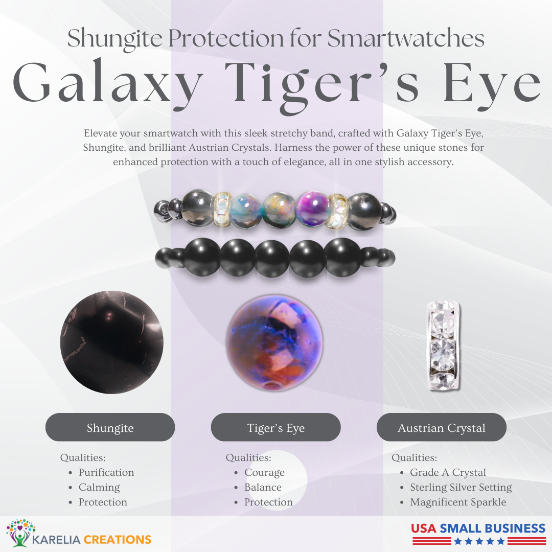 Bundle: All Shungite PLUS Galaxy Tigers Eye Protection Band for Watches | Apple iWatch Galaxy Smartwatch Decor Charms Loops