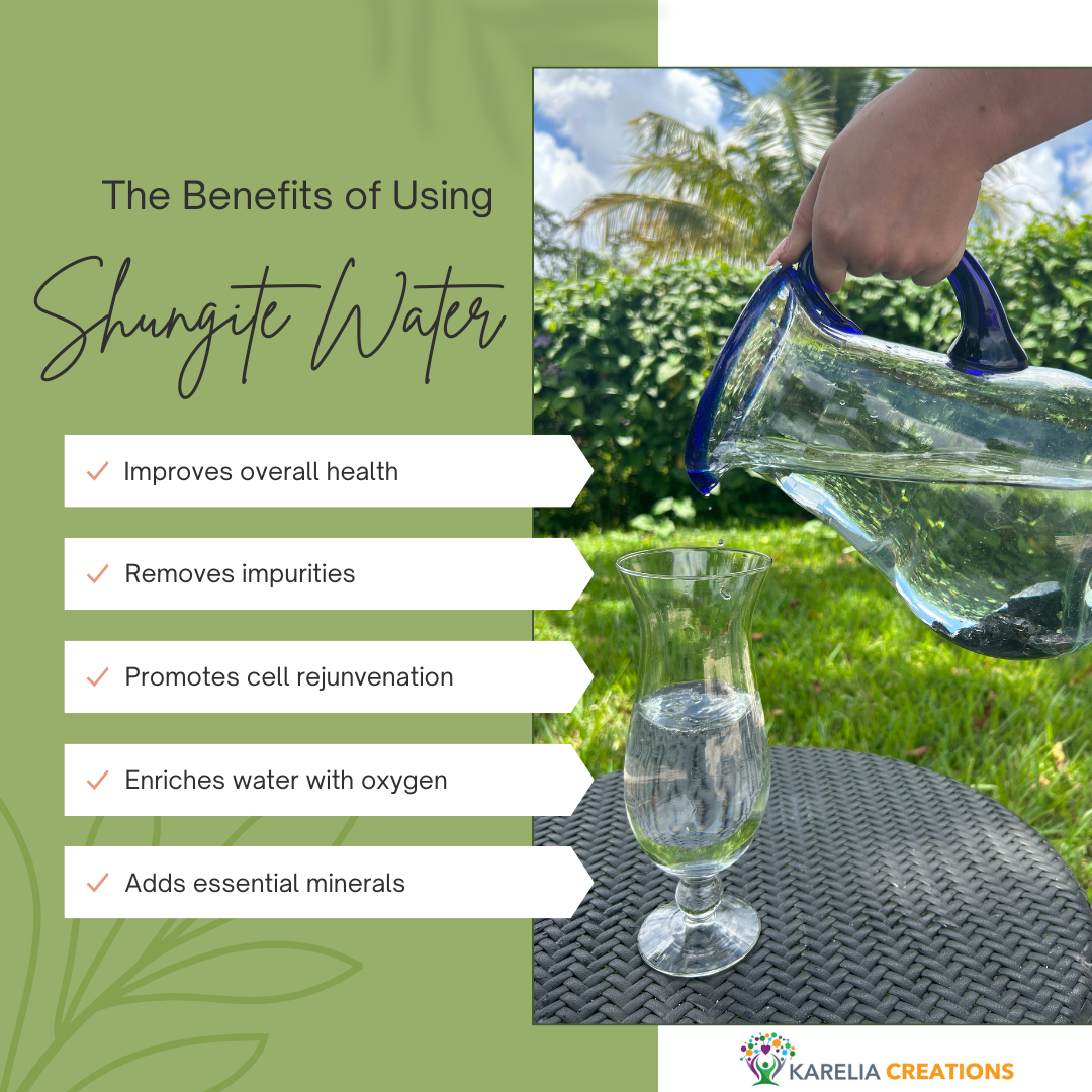 By drinking shungite water, it can improve overall health, remove impurities, and add essential minerals and oxygen to the water