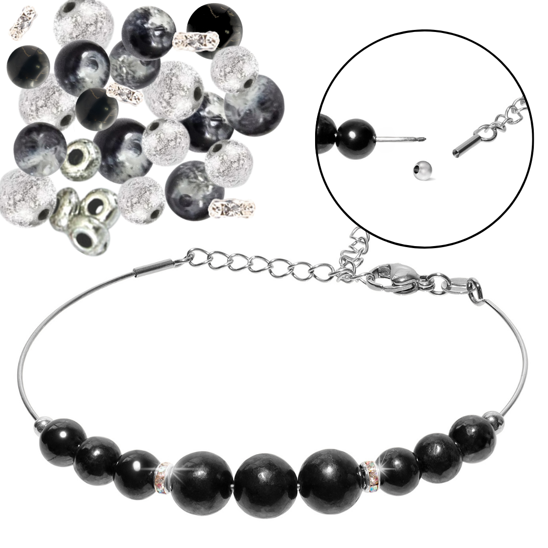 With 38 different beads and no tools needed, this sterling silver bangle bracelet allows you to express your style