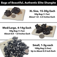 Elite Raw Shungite rocks come in three sizes: 100g bag of Small rocks (1-3g each), 50g bag of Medium rocks (4-14g each) and a 50g bag of Extra Large rocks (15-30g each)