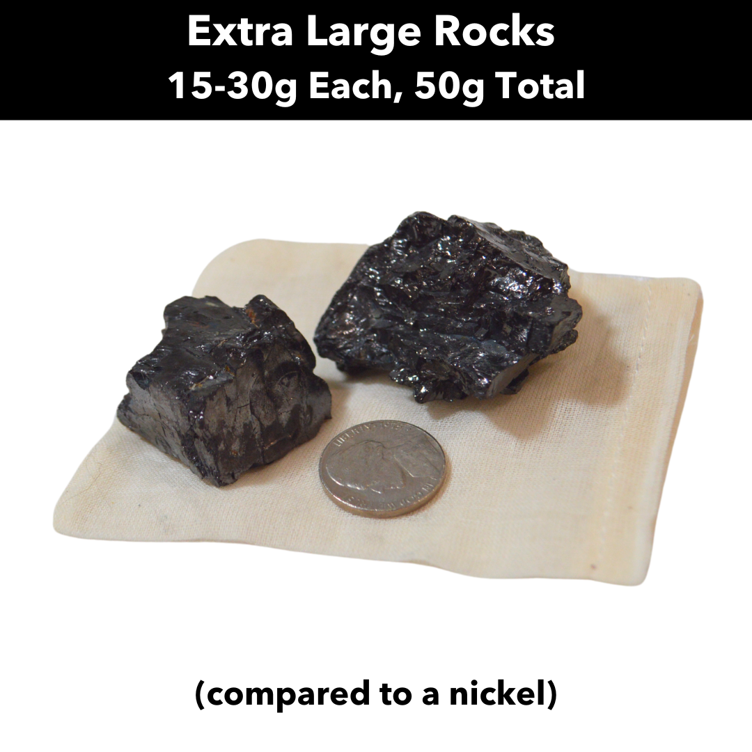 Extra Large elite rocks weigh 15 to 30 grams each, but size and shape of each rock will vary due to all natural shungite