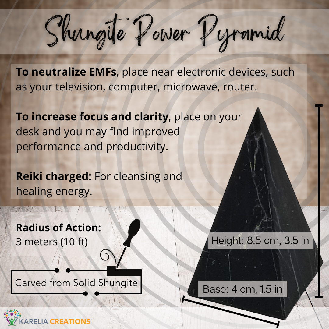 Shungite power pyramids are reiki charged, neutralize EMF radiation, and increase focus and clarity