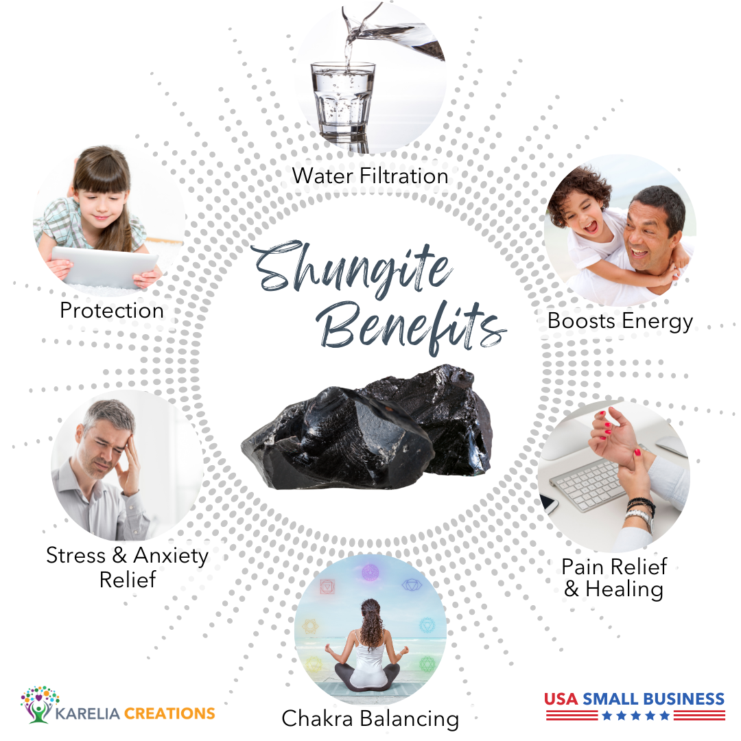 Shungite benefits include water filtration, boost in energy, pain relief, chakra balancing, stress and anxiety relief, and EMF protection