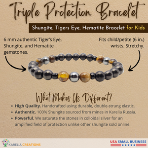 Stretchy triple protection bracelet made with high quality, authentic, and powerful 6mm shungite, tiger's eye and hematite beads