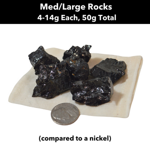 Medium/Large elite rocks weigh 4 to 14 grams each, but size and shape of each rock will vary due to all natural shungite