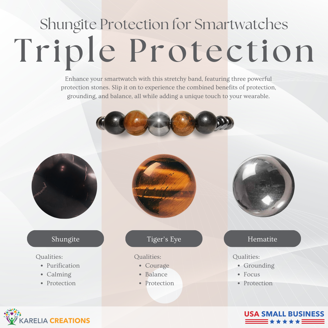 Triple Shield Smart Watch Band Charms Loops | Shungite Tigers Eye Hematite | Apple iWatch Galaxy Smartwatch Decor