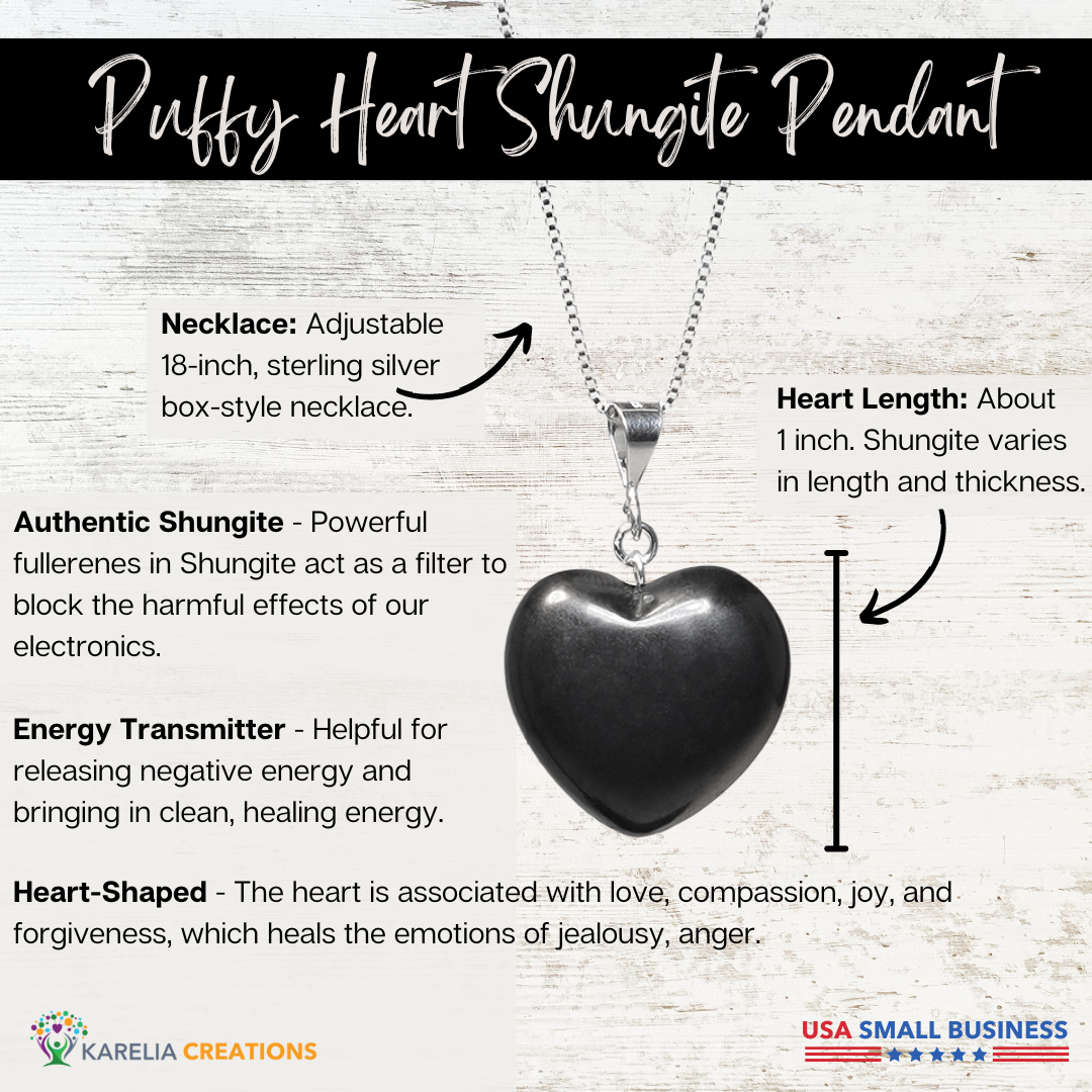 Puffy Heart Polished 100% Shungite Pendant and Sterling Silver Necklace