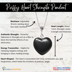 The puffy heart shungite pendant is made of authentic shungite that acts an energy transmitter, and promotes love, compassion, and joy with its heart shape