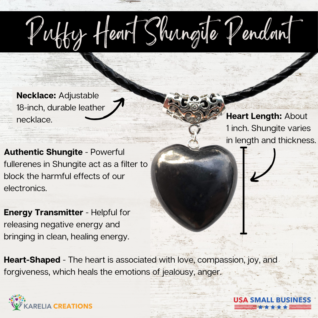 The puffy heart shungite pendant is made of authentic shungite that acts an energy transmitter, and promotes love, compassion, and joy with its heart shape