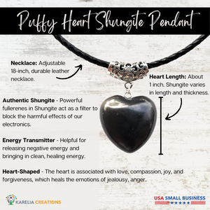 The puffy heart shungite pendant is made of authentic shungite that acts an energy transmitter, and promotes love, compassion, and joy with its heart shape