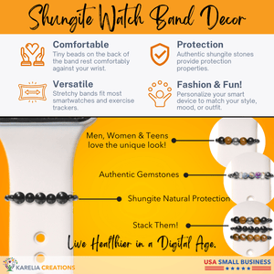 Shungite watch band decor is comfortable, versatile, fashionable, and provides protection from authentic shungite stones, for all genders and ages