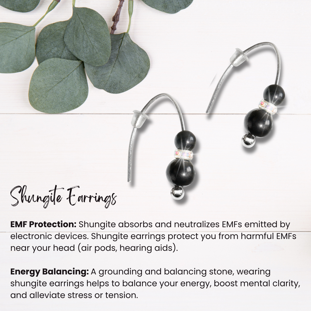 Shungite earrings protect you from harmful EMF radiation near your head, and helps to balance your energy