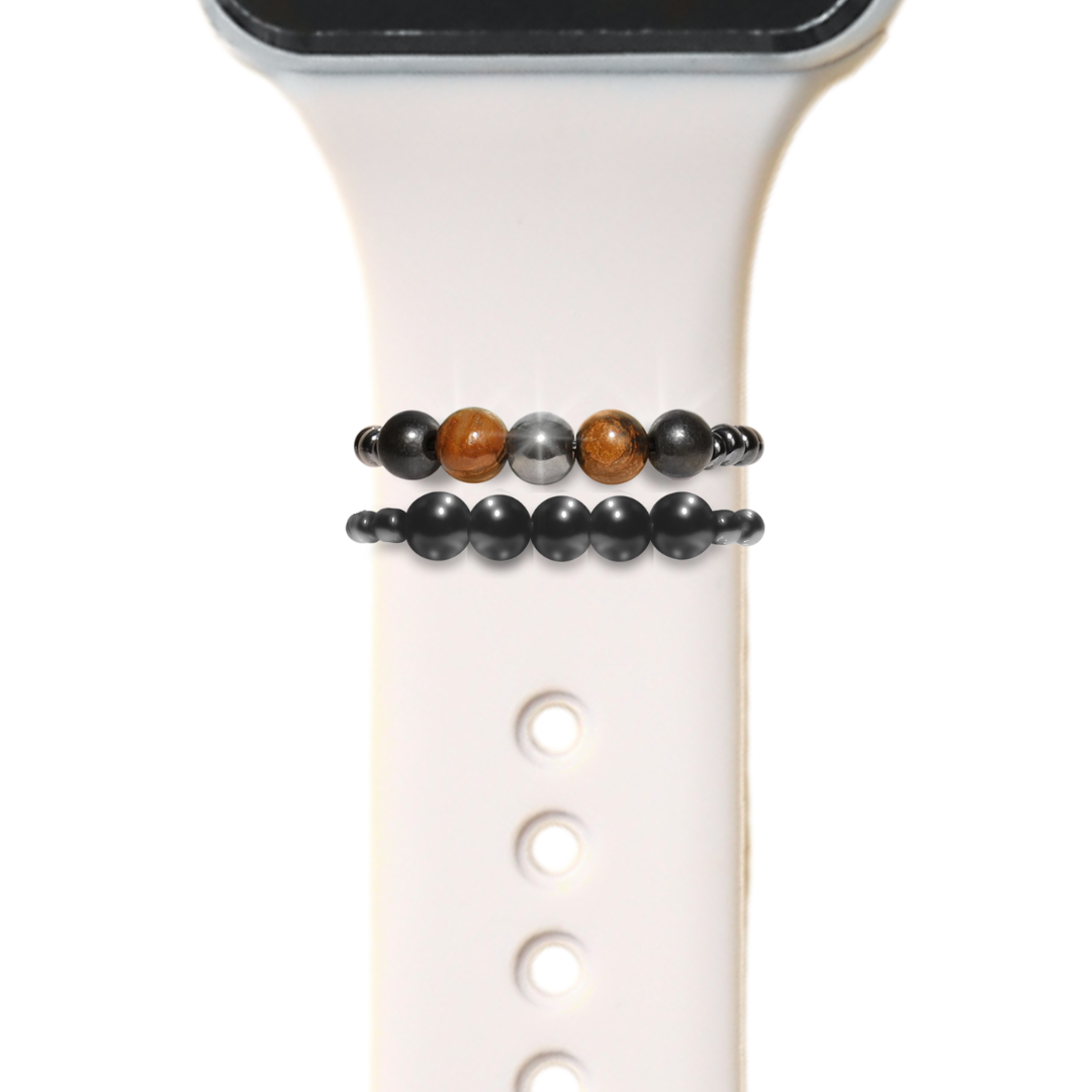 Shungite smartwatch band bundle with an all shungite band and a triple protection band with 2 shungite beads, 2 tiger's eye beads, and 1 hematite bead