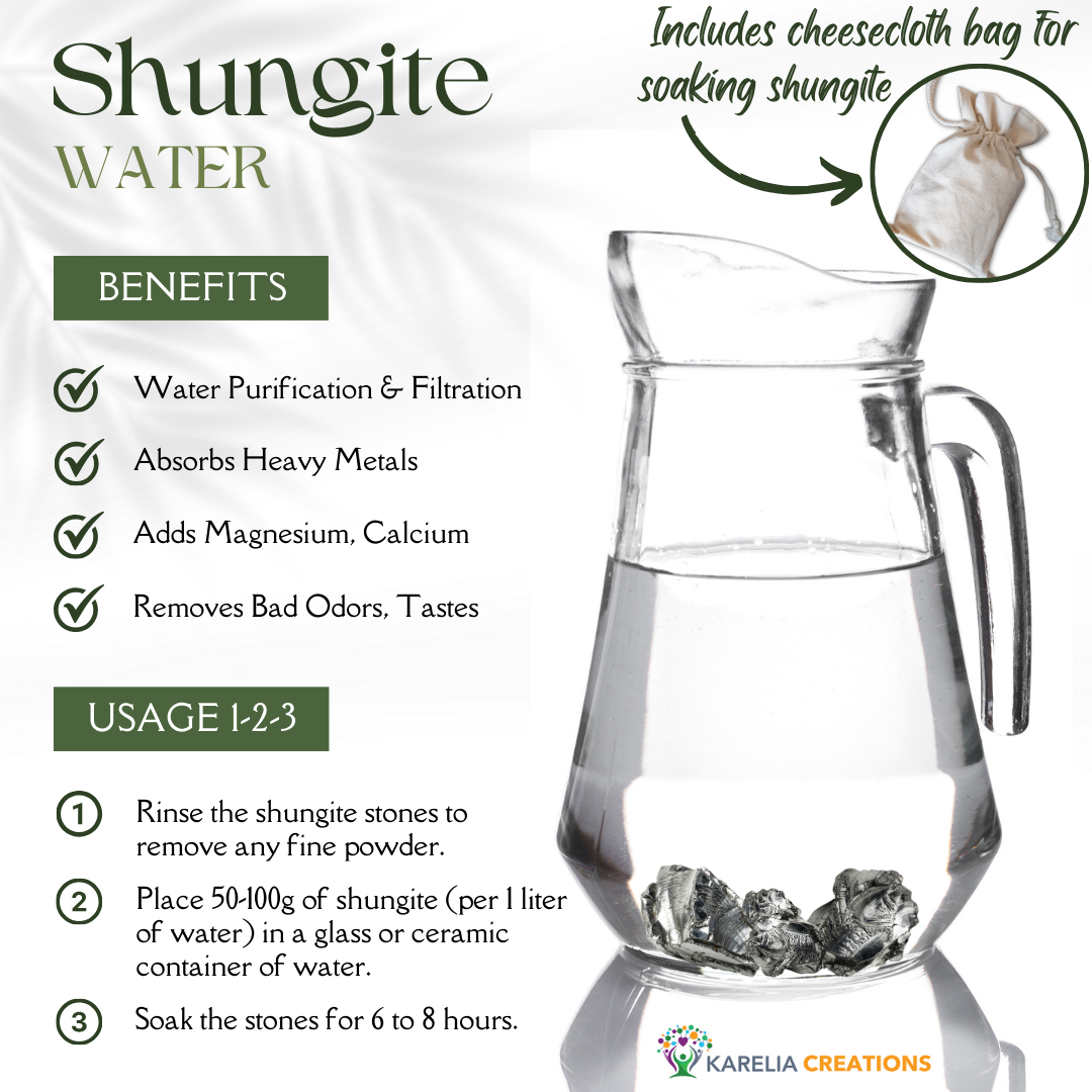 By soaking natural shungite stones in water for 6 to 8 hours, it purifies and filters the water, absorbs heavy metals, removes bad odors and tastes, and adds magnesium and calcium