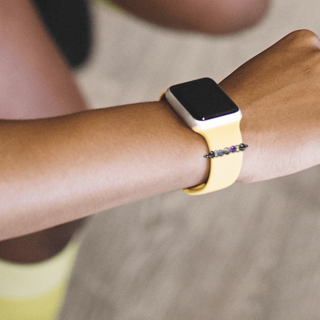 Shungite and galaxy tigers eye smartwatch band bringing color and protection to a woman's smartwatch