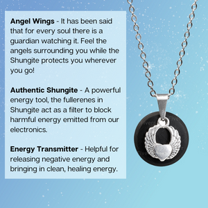Angel Wing Shungite Pendant on a Long Stainless Steel Necklace