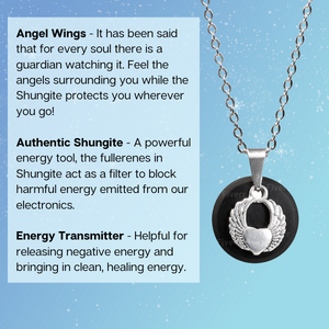 The Angel Wing Shungite Pendant Necklace is made with powerful authentic shungite, a stainless steel chain, and an angel to protect you 