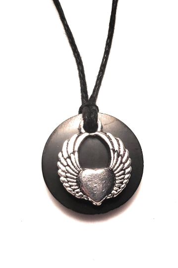 Shungite disk pendant with a small angel wing charm on a black cotton cord