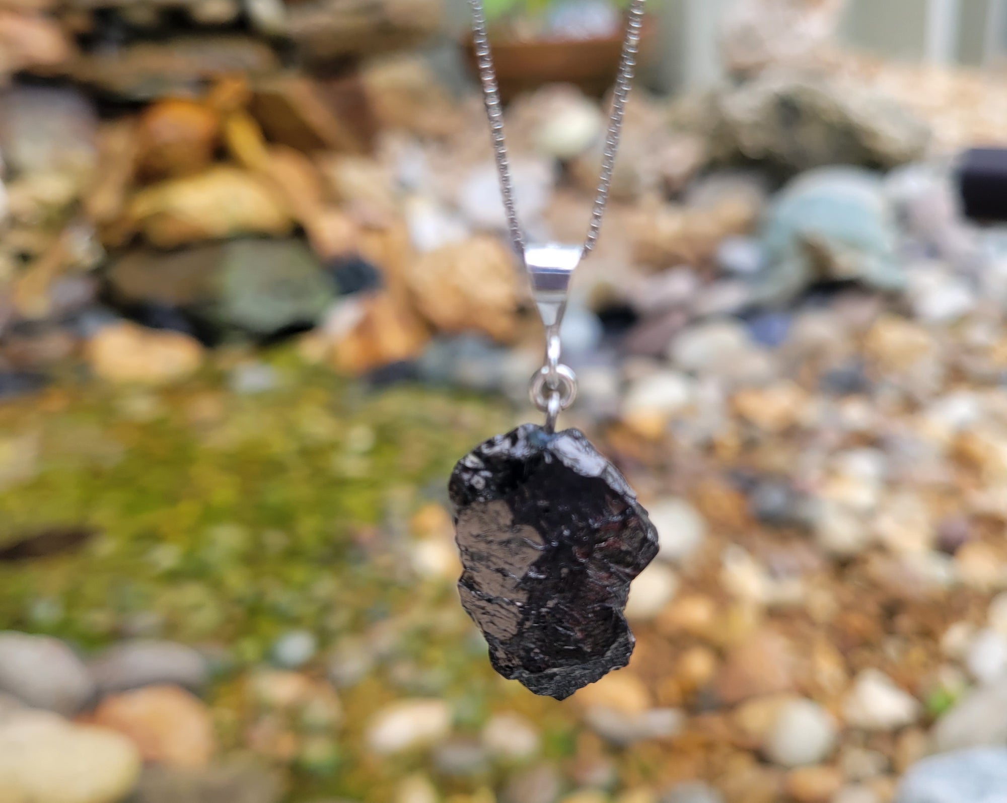 Elite Noble Raw Shungite Pendant on a sterling silver chain with 99% carbon for maximum EMF protection 