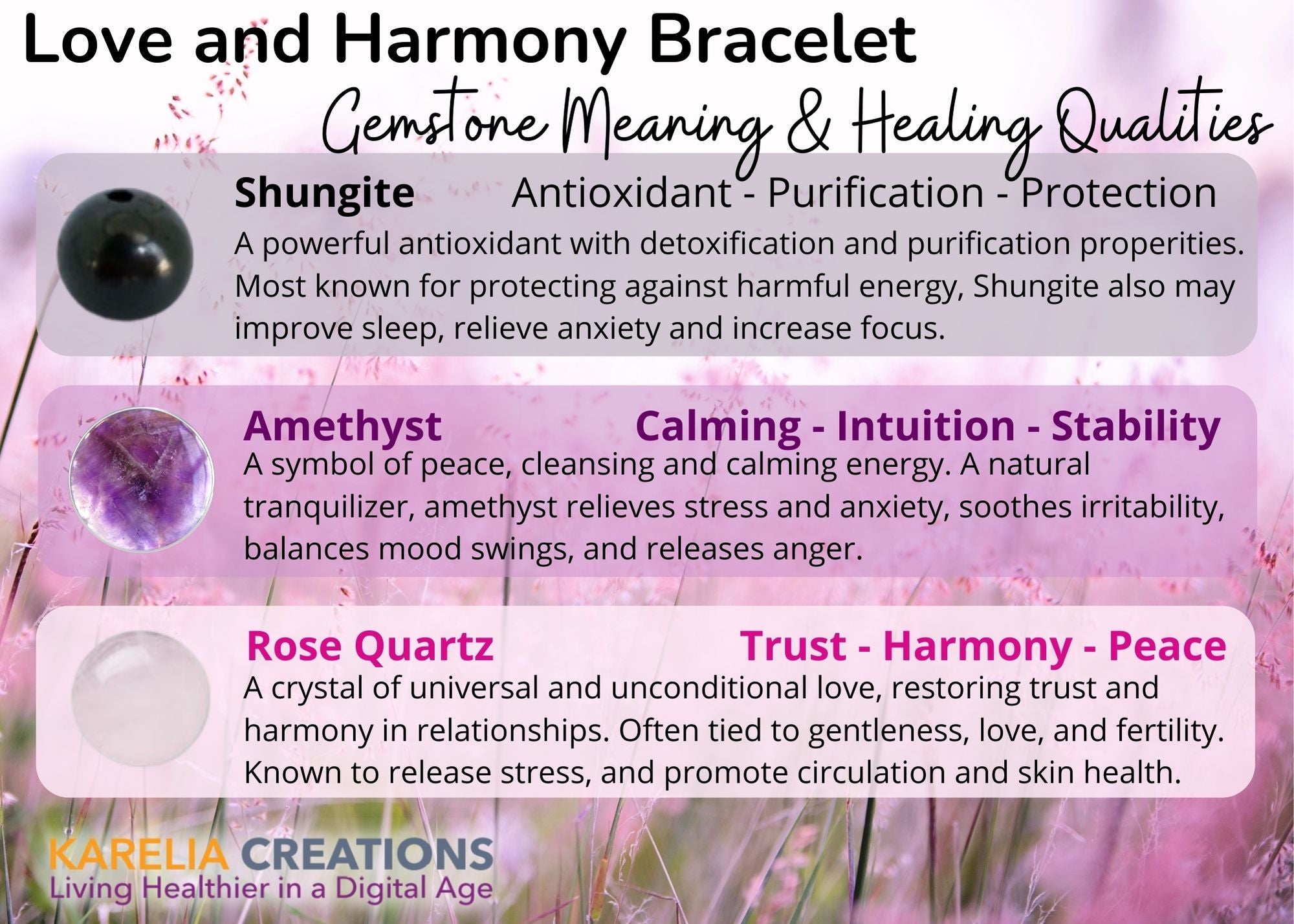 Love, Harmony and Bracelet - Shungite Amethyst Pink Quartz Austrian Crystals