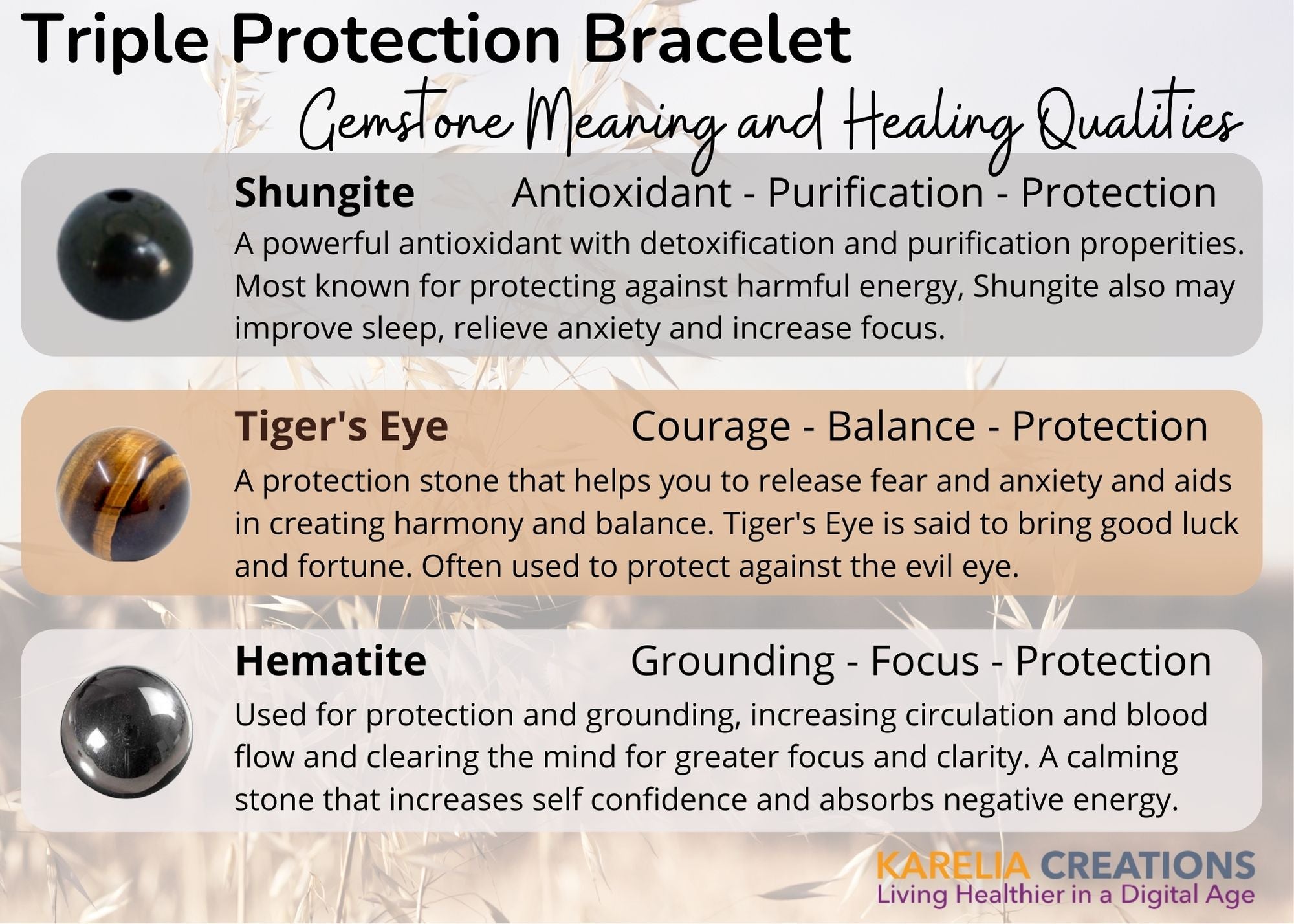 Triple Protection Bracelet - 8mm Shungite Hematite Tigers Eye