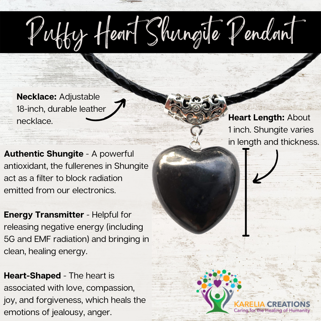 Shungite Puffy Heart Pendant Necklace and 8mm Bracelet | Women's Necklace and Bracelet Gift Set -