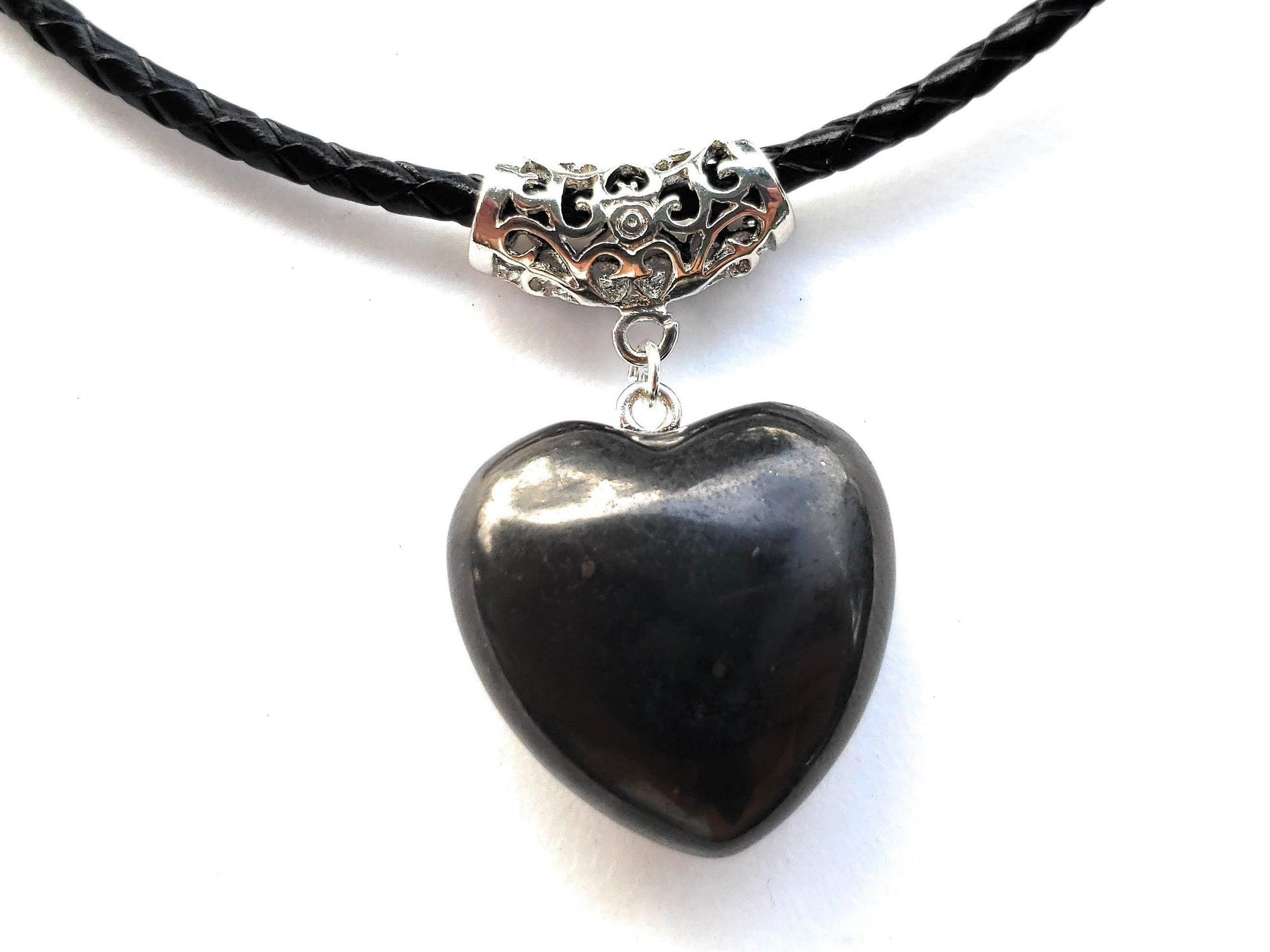 Puffy Heart Polished Shungite Pendant on a braided leather cord and silver-plated bail