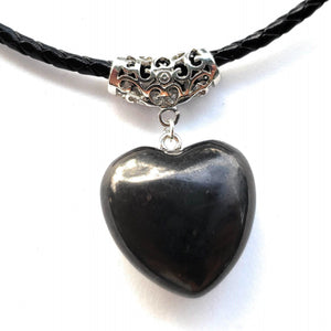 Puffy Heart Polished Shungite Pendant on a braided leather cord and silver-plated bail