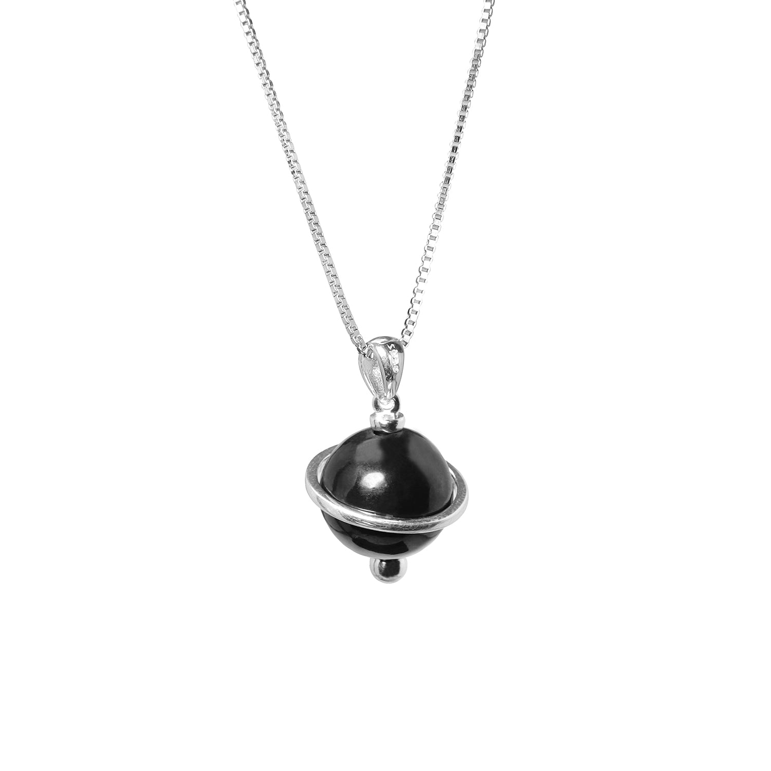 Shungite Orbit Pendant with a 10mm shungite bead, on a sterling silver chain 