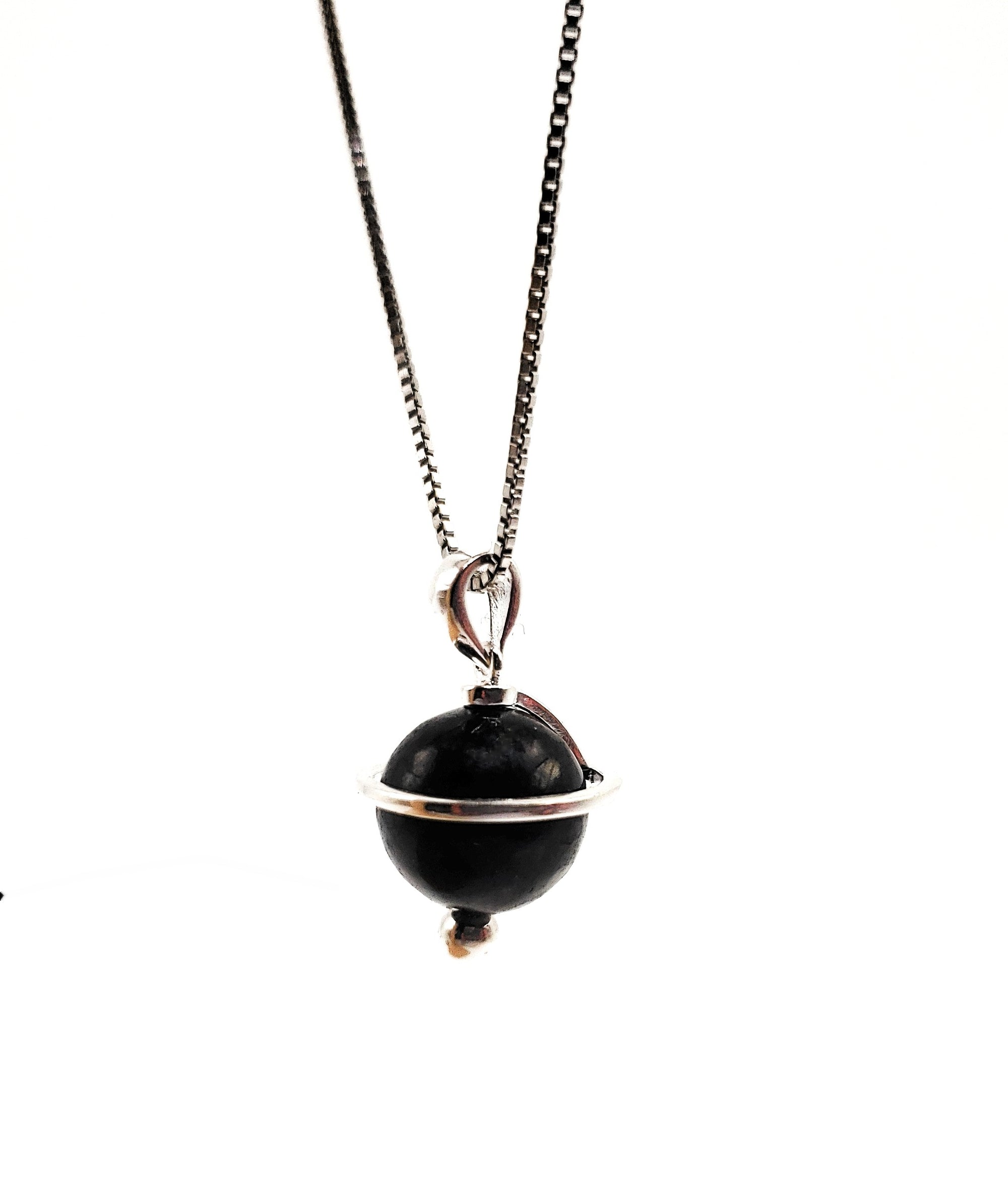 Shungite Orbit Pendant with a 10mm shungite bead, on a sterling silver chain 