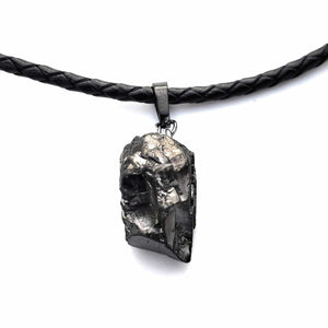 Elite Noble Raw Shungite Pendant with a braided leather cord for maximum EMF protection. Stone size ranges from three to five grams