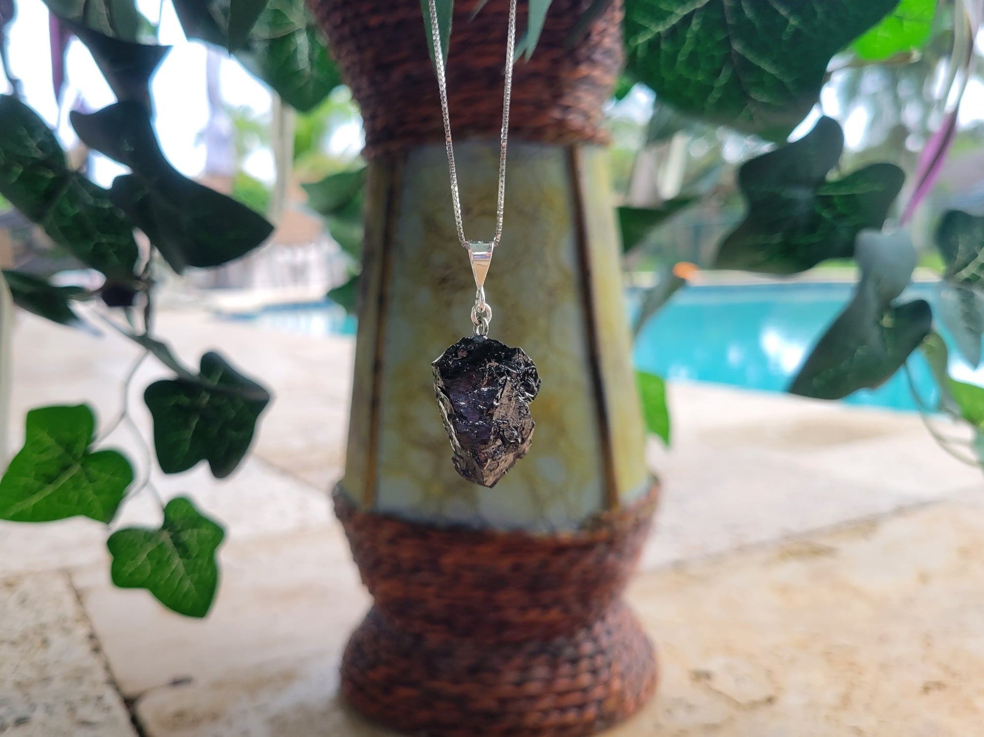 Elite Noble Raw Shungite Pendant on a sterling silver chain with 99% carbon for maximum EMF protection 