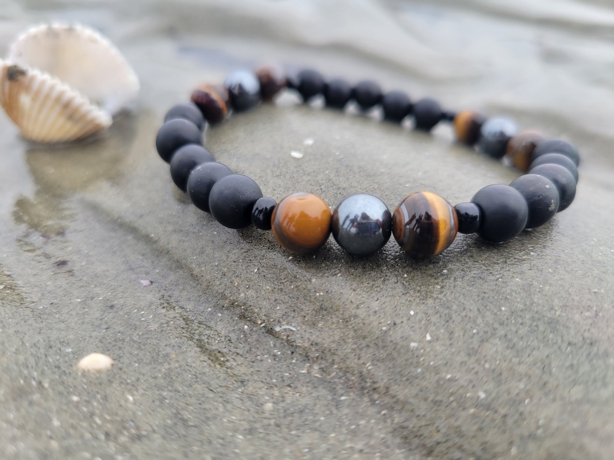 Unisex triple protection bracelet made with 8mm shungite, tiger's eye and hematite beads