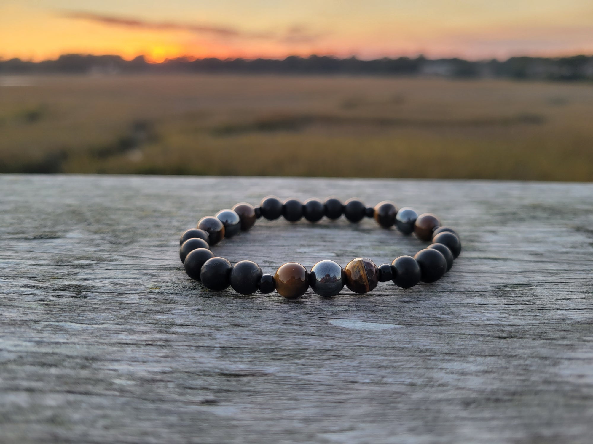 Unisex triple protection bracelet made with 8mm shungite, tiger's eye and hematite beads