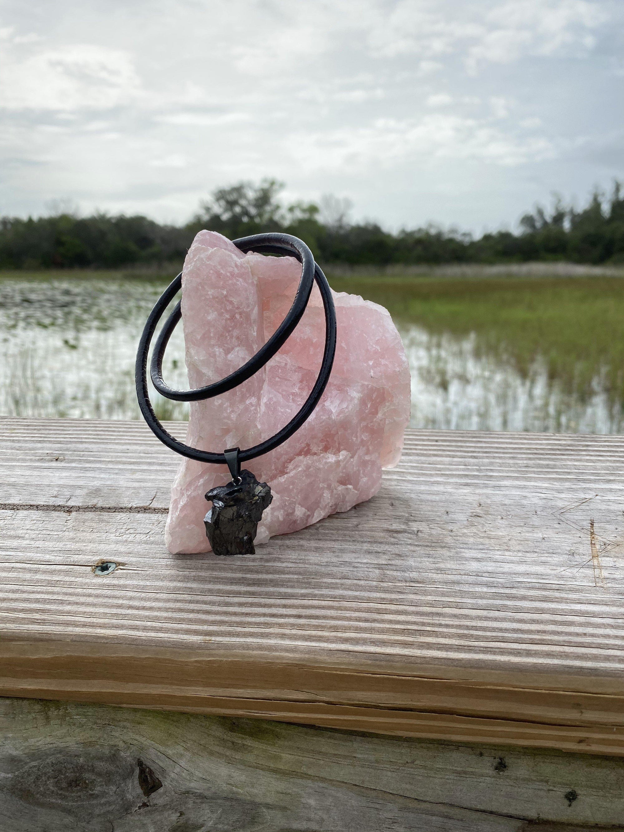 Extra Large Elite Noble Raw Shungite Pendant on a leather cord with up to 98% carbon for maximum EMF protection 