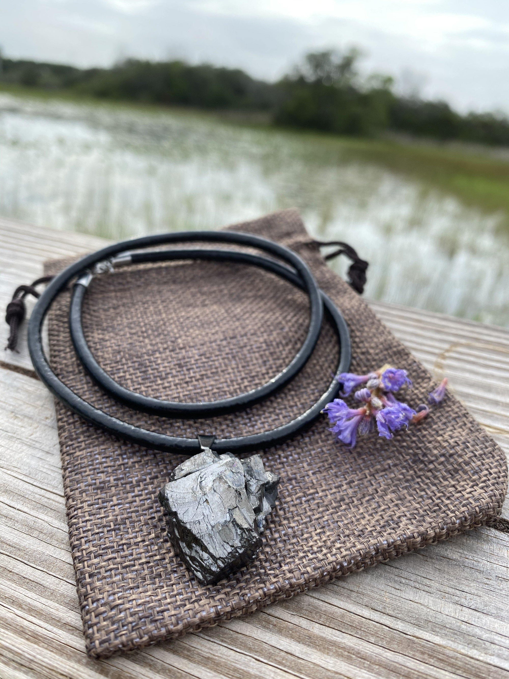 Extra Large Elite Noble Raw Shungite Pendant on a leather cord with up to 98% carbon for maximum EMF protection 