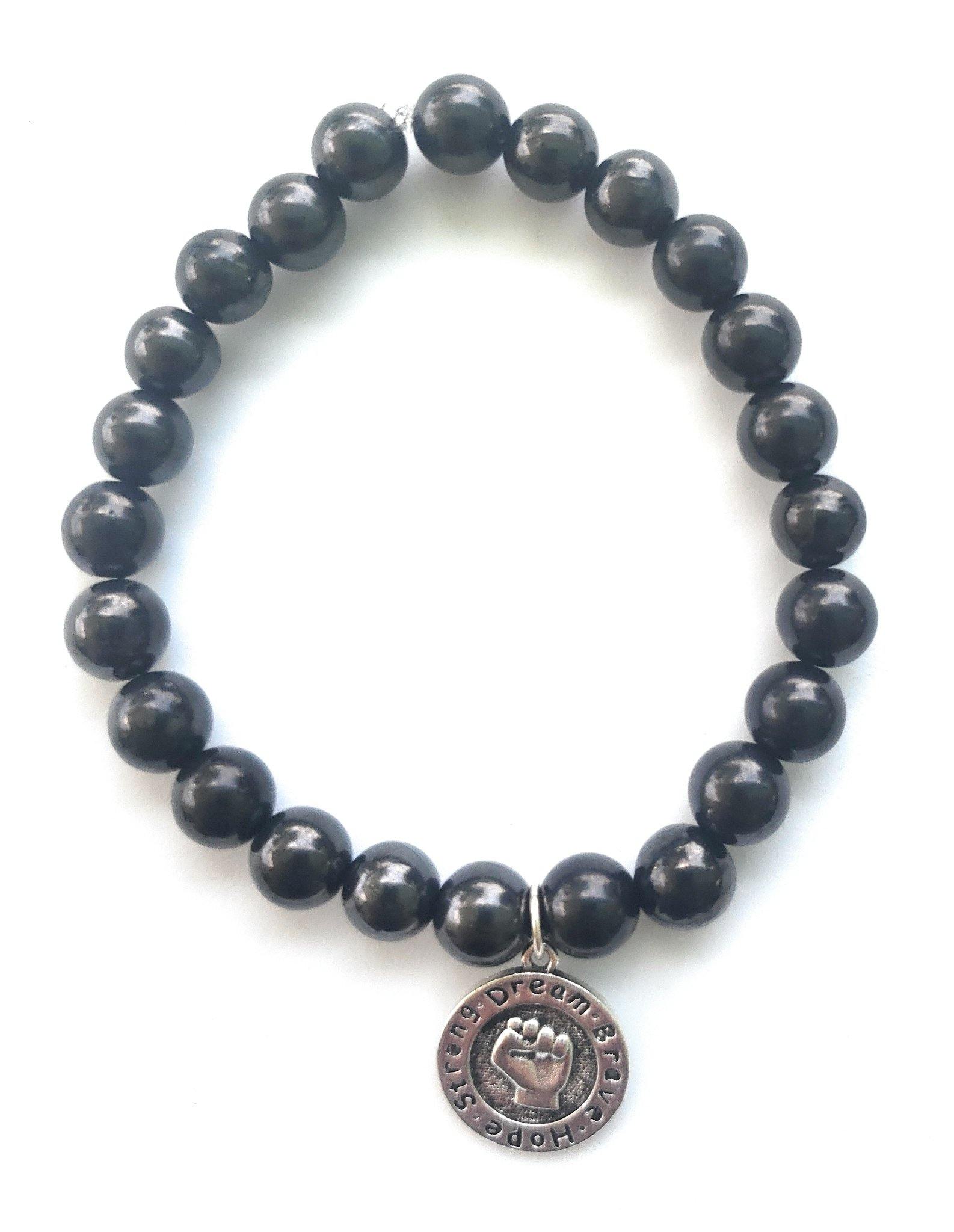 Shungite Fist of Courage Bracelet: Dream, Brave, Hope, Strong (8mm Beads, Adult) - Karelia Creations