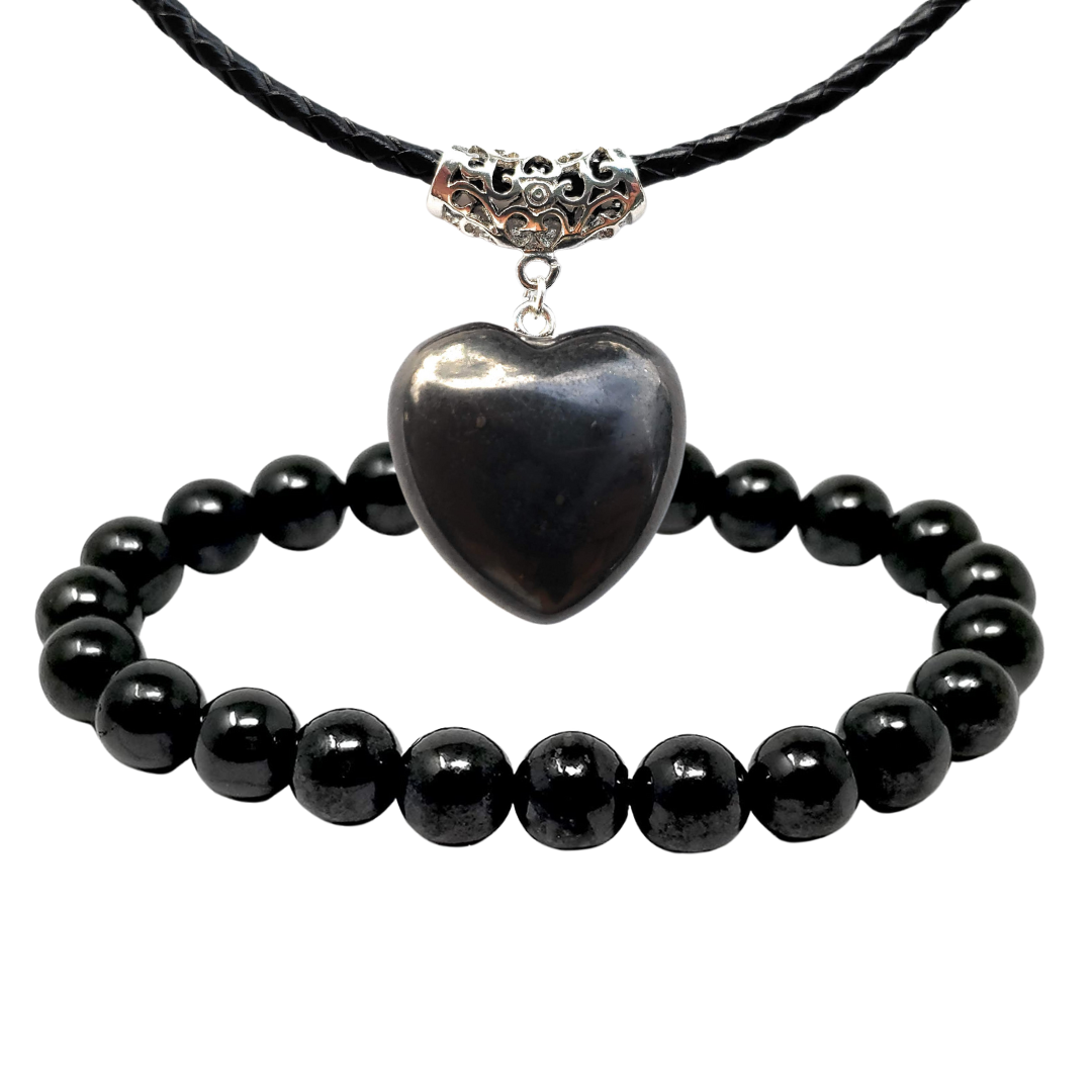 Shungite Puffy Heart Pendant Necklace and 8mm Bracelet | Women's Necklace and Bracelet Gift Set -