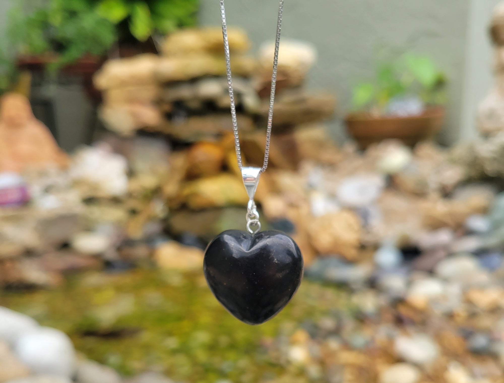 Puffy Heart Polished Shungite Pendant on a sterling silver chain and sterling silver bail