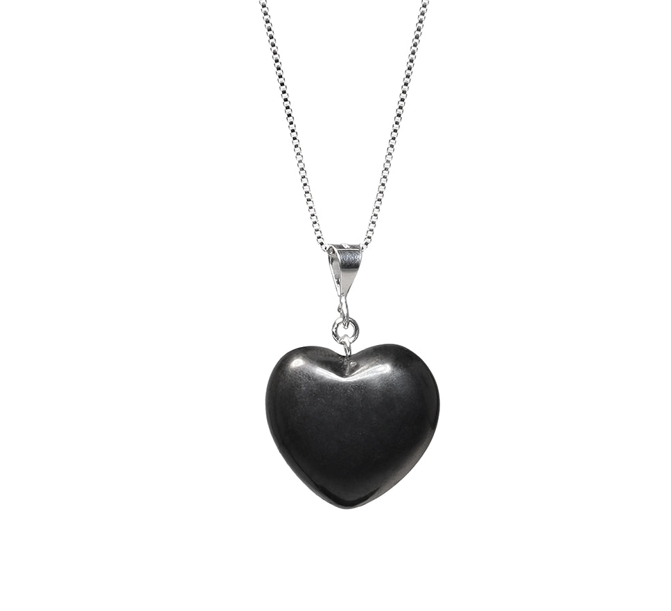 Puffy Heart Polished Shungite Pendant on a sterling silver chain and sterling silver bail