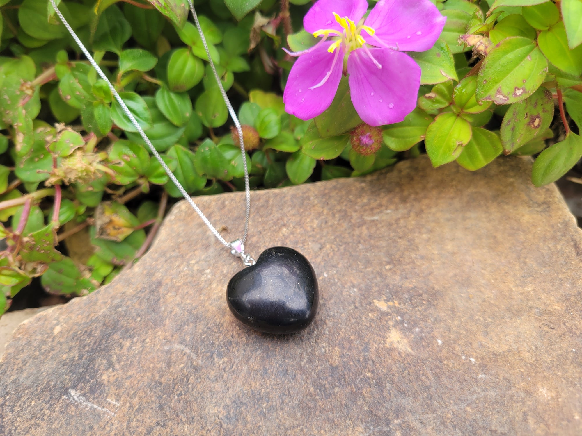 Puffy Heart Polished Shungite Pendant on a sterling silver chain and sterling silver bail