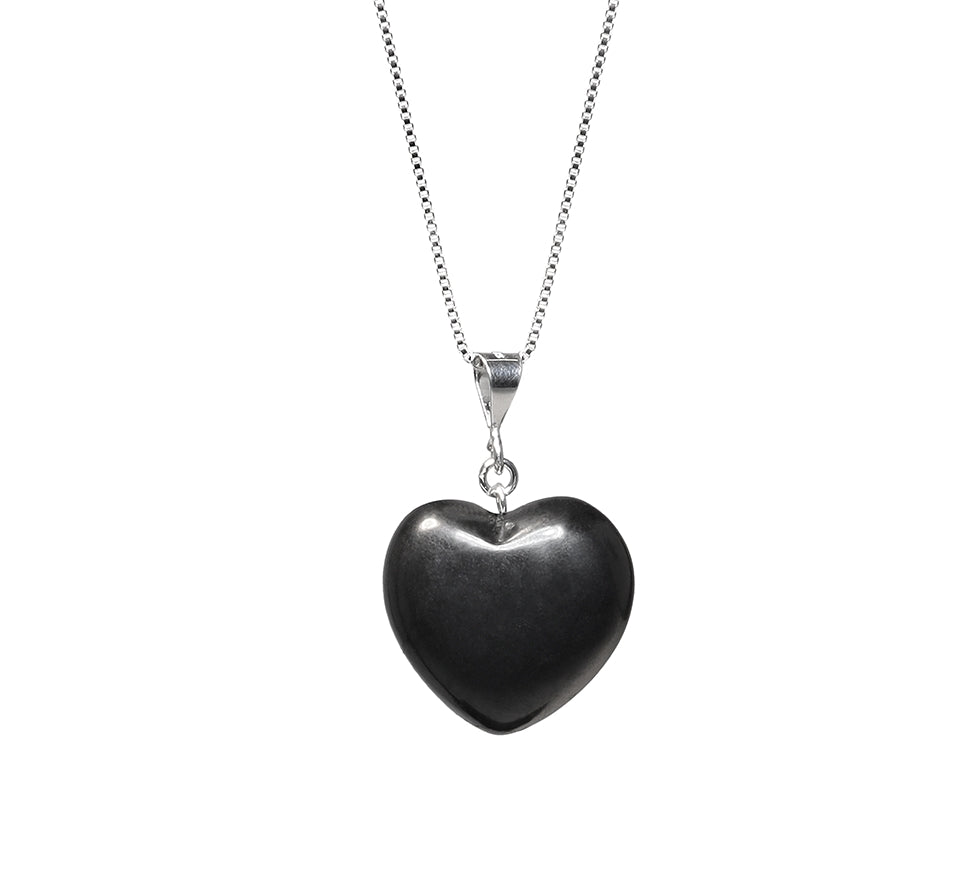 Puffy Heart Polished 100% Shungite Pendant and Sterling Silver Necklace