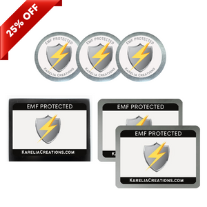 EMF Protected shield shungite starter kit with three cellphone stickers, two e-stickers, and one shungite magnet.